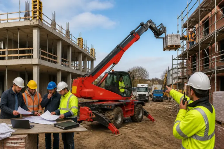 roterende verreiker met machinist hijst materiaal terwijl aannemers op de bouwplaats opties vergelijken