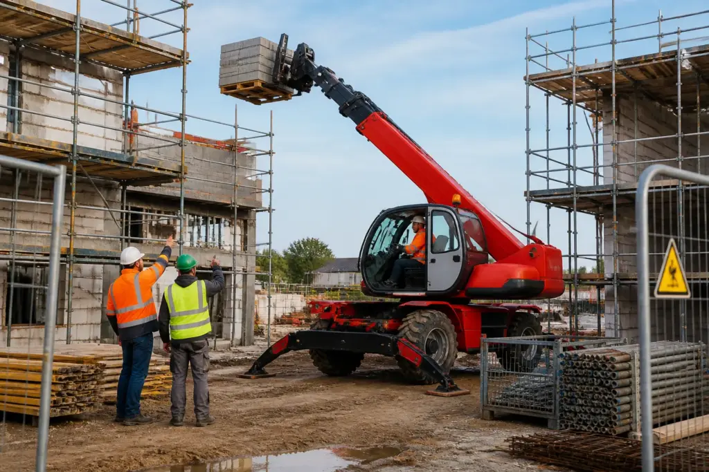 roterende verreiker met machinist tilt pallet omhoog terwijl bouwvakkers op de grond overleggen
