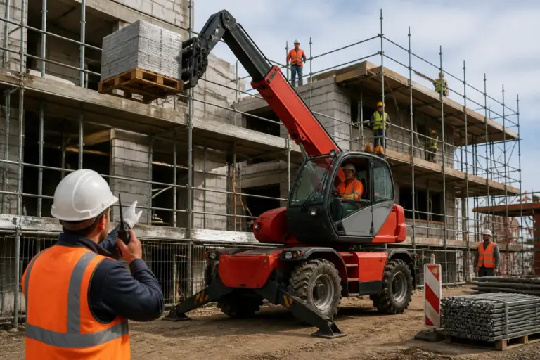 roterende verreiker met machinist die materialen naar boven brengt op een drukke bouwplaats