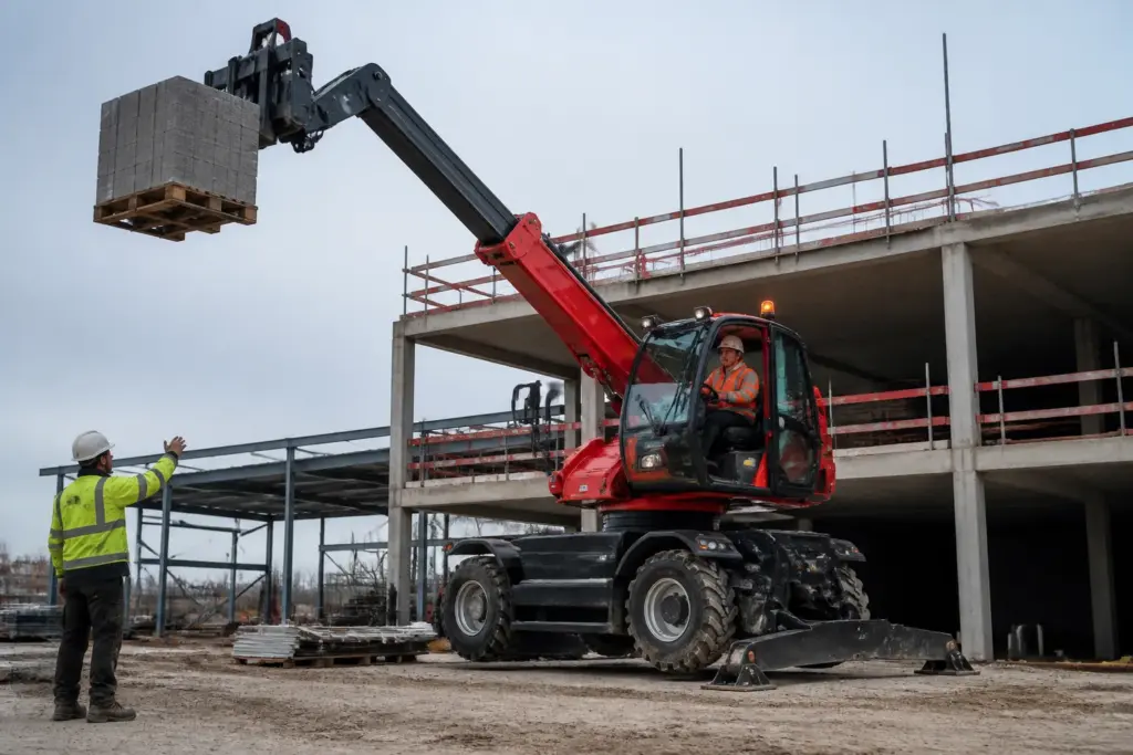 roterende verreiker met machinist die een pallet materiaal hijst naast een bedrijfsgebouw in aanbouw